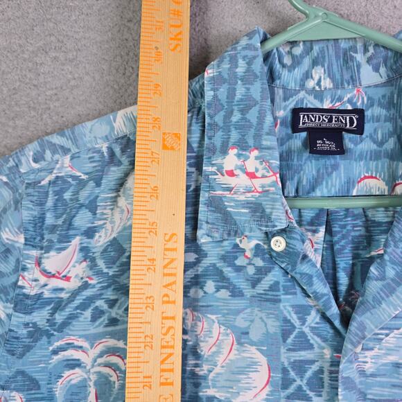 Vintage Lands' End Hawaiian Button Shirt Men's Large Blue Surfing Ocean Fish Fun - Picture 10 of 11